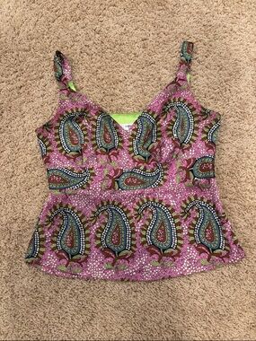 Pink Paisley V-Neck Camisole with Green Accents